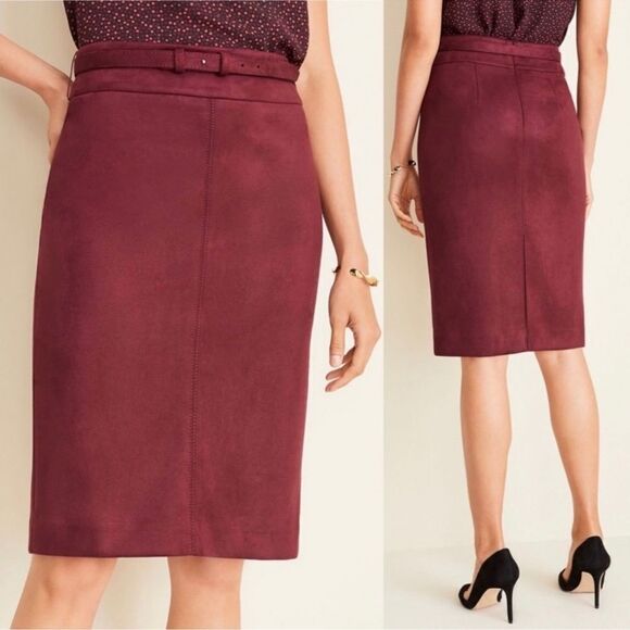Ann Taylor 14 T Vintage Burgundy Faux Suede Belted Slimming Pencil Skirt - Picture 1 of 14